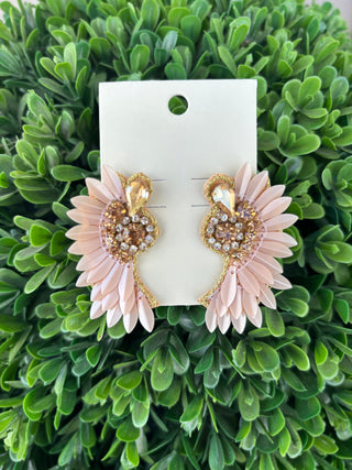 Peach Round Crystal & Wings Earrings