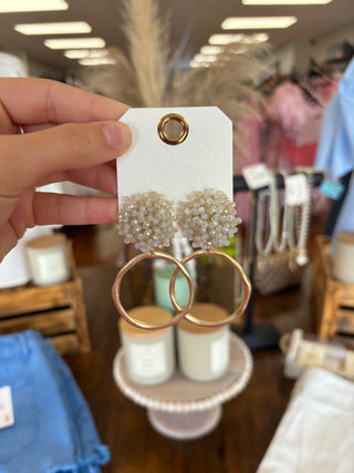 Beaded Pom Pom Circle Metal Earrings