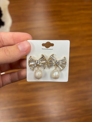 Pave Bow & Pearl Dangle Earrings