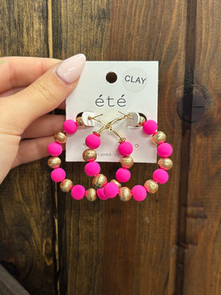 Gold And Fuchsia Clay Hoop Earrings