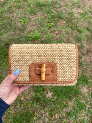 Bonnie Natural Straw Mini Organizer Bamboo Turnlock Crossbody
