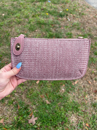 Pink Straw Mini Crossbody Wristlet Clutch
