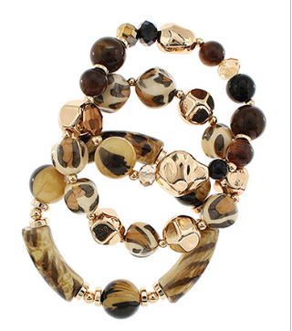 3 Row Bead & Cylinder Bracelets - Leopard & Gold