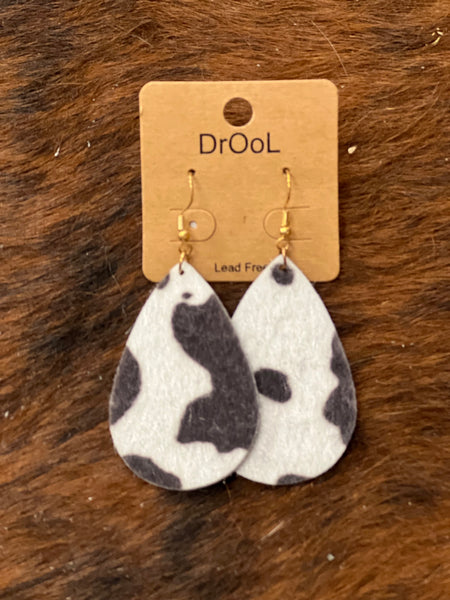 Teardrop Black Cow Print Earrings